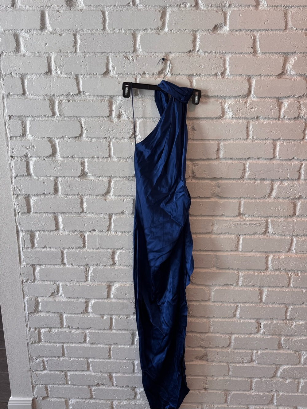 Amanda Uprichard Navy Blue One-Shoulder Satin Halter Dress